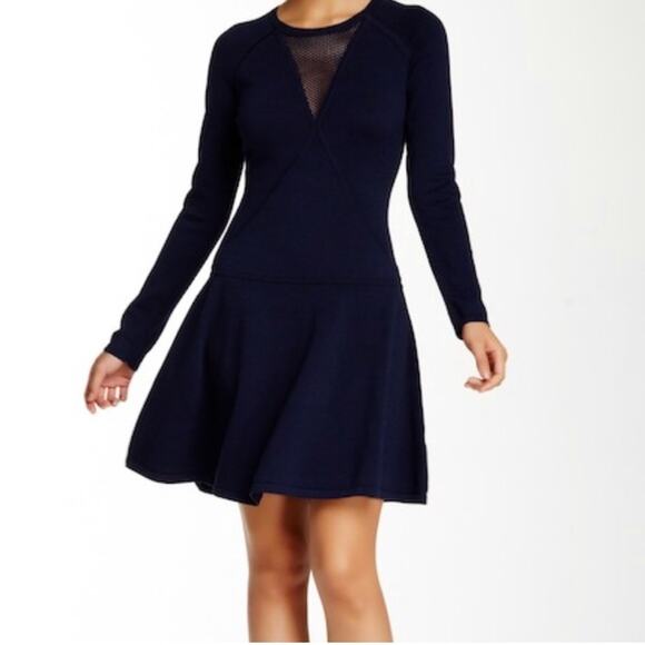 Trina Turk navy blue open mesh knit neckline swing skirt sweater dress - Picture 1 of 16